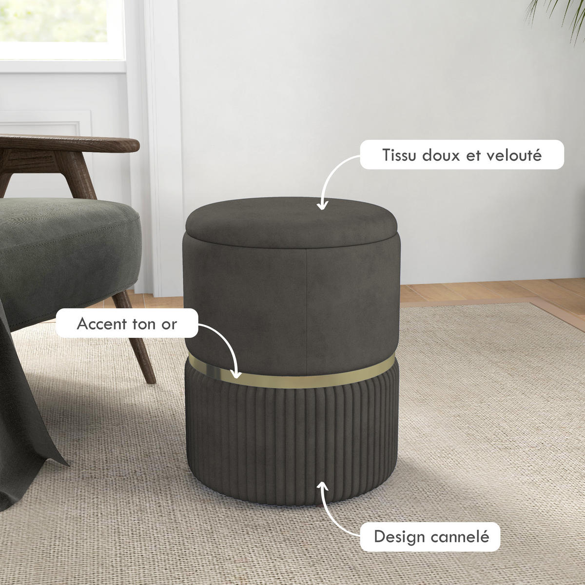 POUF DE-16379 mit Stauraum und Rippenvelours Grau - Grau, Textil (36/44/36cm) - ComfortXL