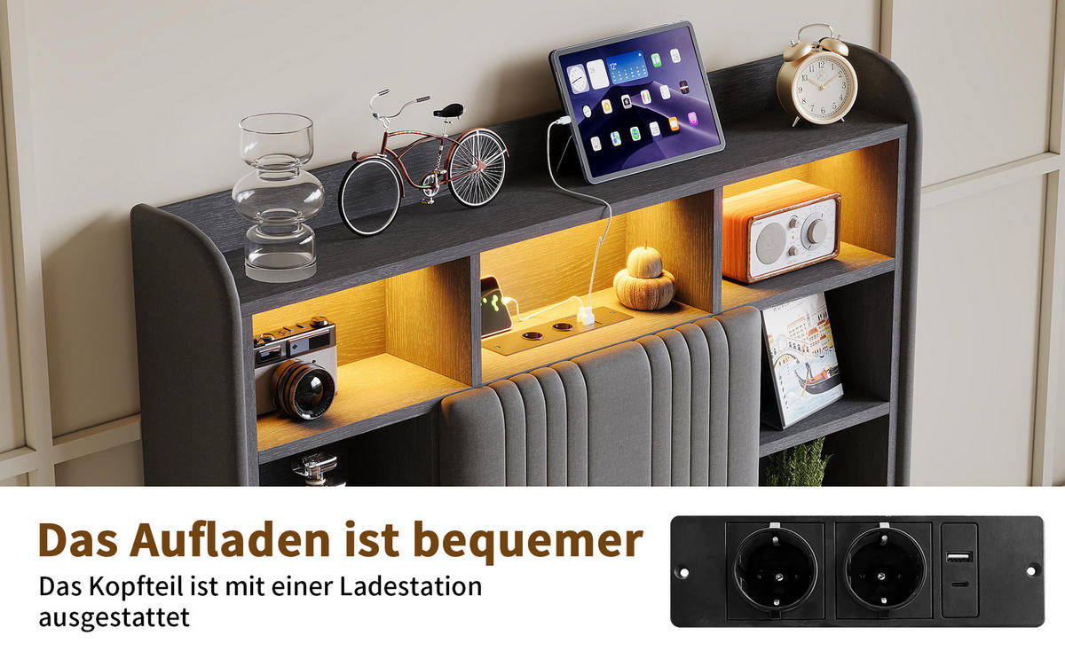 POLSTERBETT 90/200 cm Grau mit Schubladen und LED-Beleuchtung - Grau, Holz (90/200cm) - SHOPENTRA