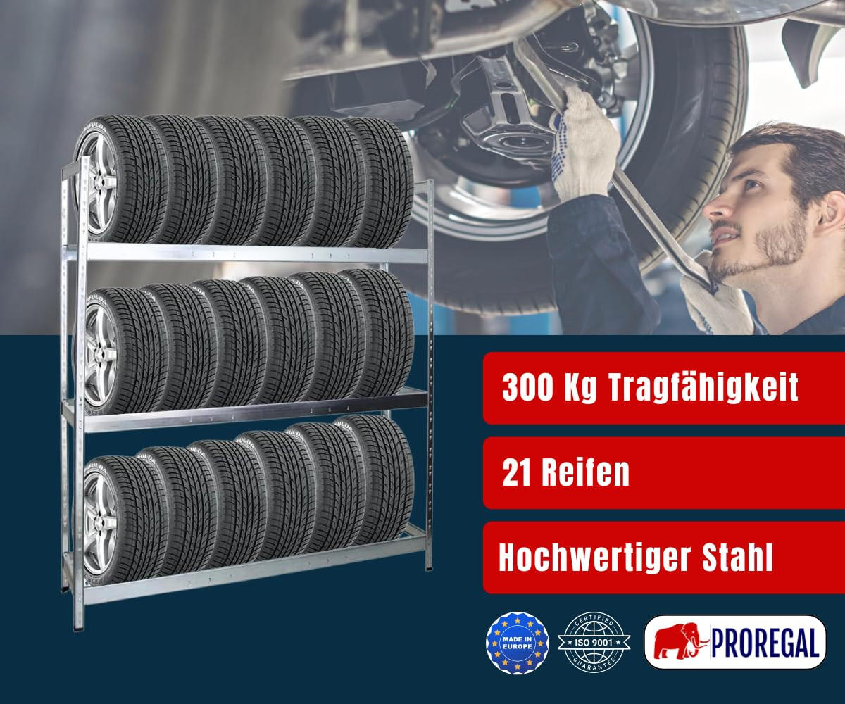 REIFENREGAL Tiger XL 200x180x45 cm 300 kg Fachlast bis zu 21 Reifen auf 3 Ebenen Verzinkt - Silberfarben, Metall (180/200/45cm) - PROREGAL