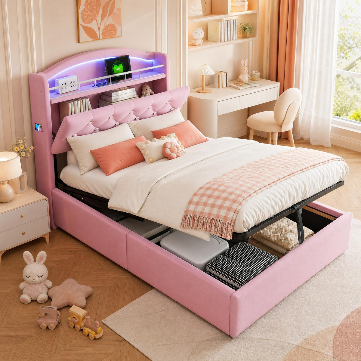 POLSTERBETT 90/200 mit LED, USB und Stauraum in Rosa - Rosa, Holzwerkstoff/Textil (90/200cm) - EVRYAE