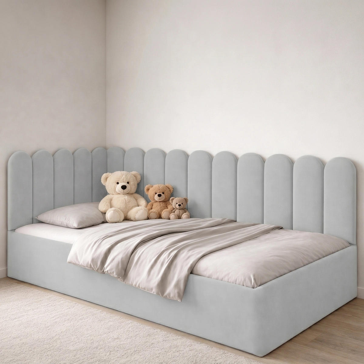 JUGENDBETT Junior Hellgrau Samtvelours mit Wandpaneelen - 120x200 cm - Bettkasten - Hellgrau, Holzwerkstoff/Textil (120/200cm) - Ravio