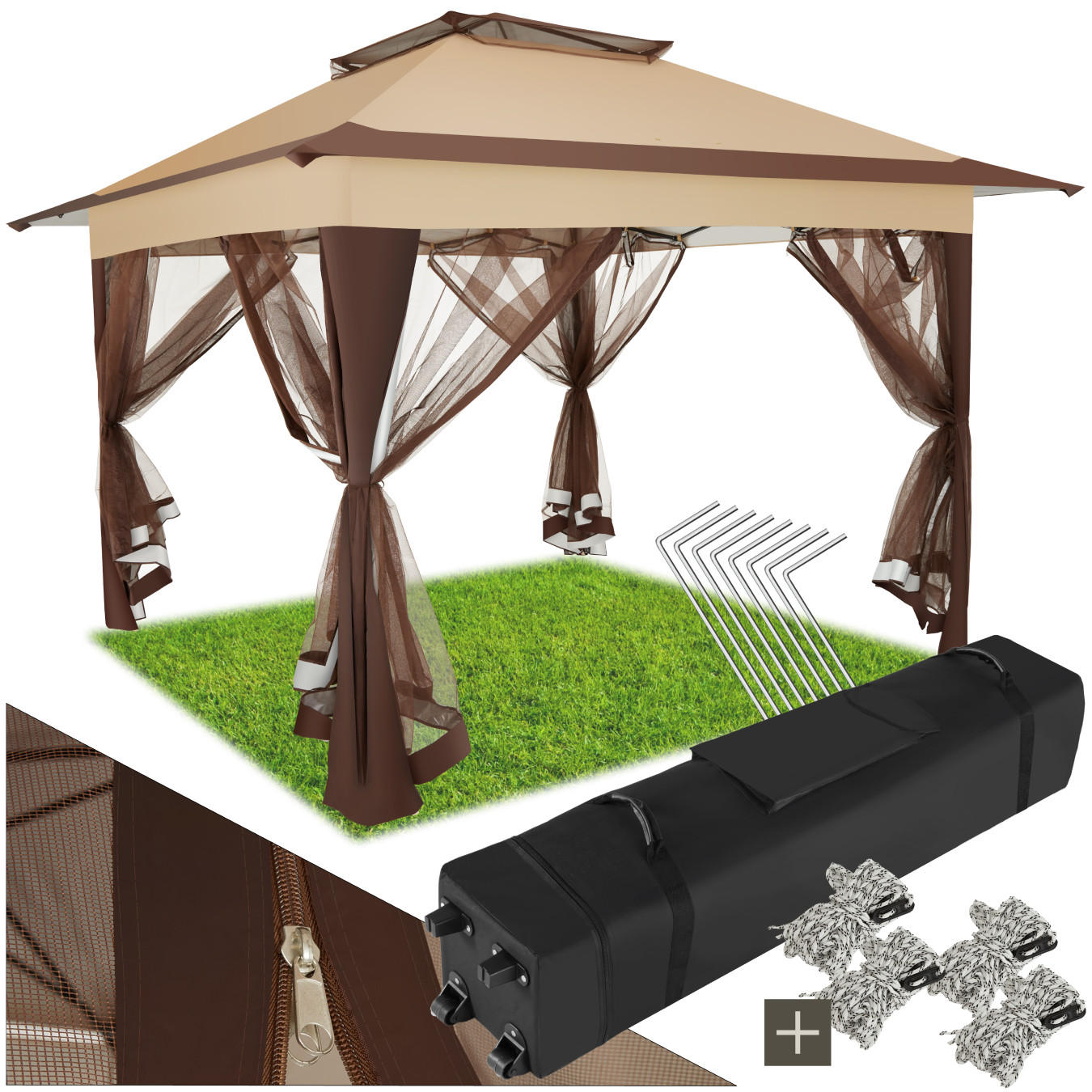FALTPAVILLON Carabobo,inklusive Spannseile, Heringe sowie Transporttasche,braun - Braun, Kunststoff (364/294/364cm) - tectake