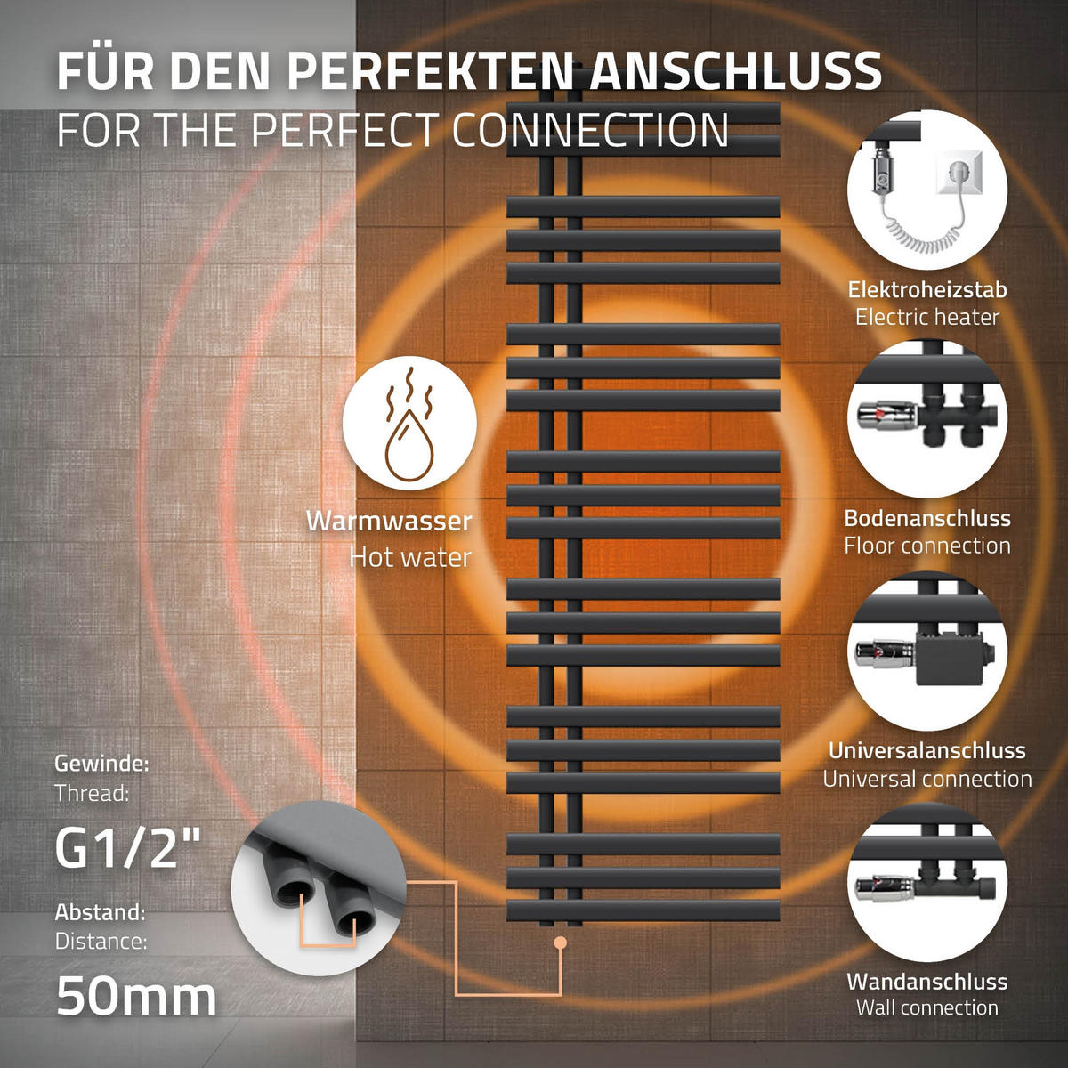 ELEKTRICKÝ koupelnový radiátor Iron EM 500 × 1600 mm, antracitový, s topným tělesem 900 W - antracitová, kov (50/160/3cm) - LuxeBath