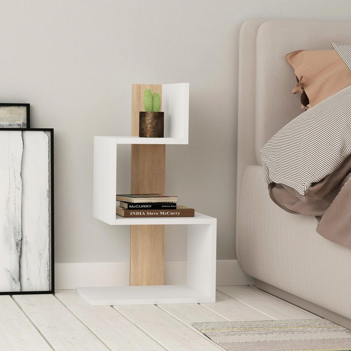 NACHTTISCH Weiß und Holzdekor Eiche L42 cm – ROSIE - Weiß, Holzwerkstoff (30/72/39cm) - Calicosy
