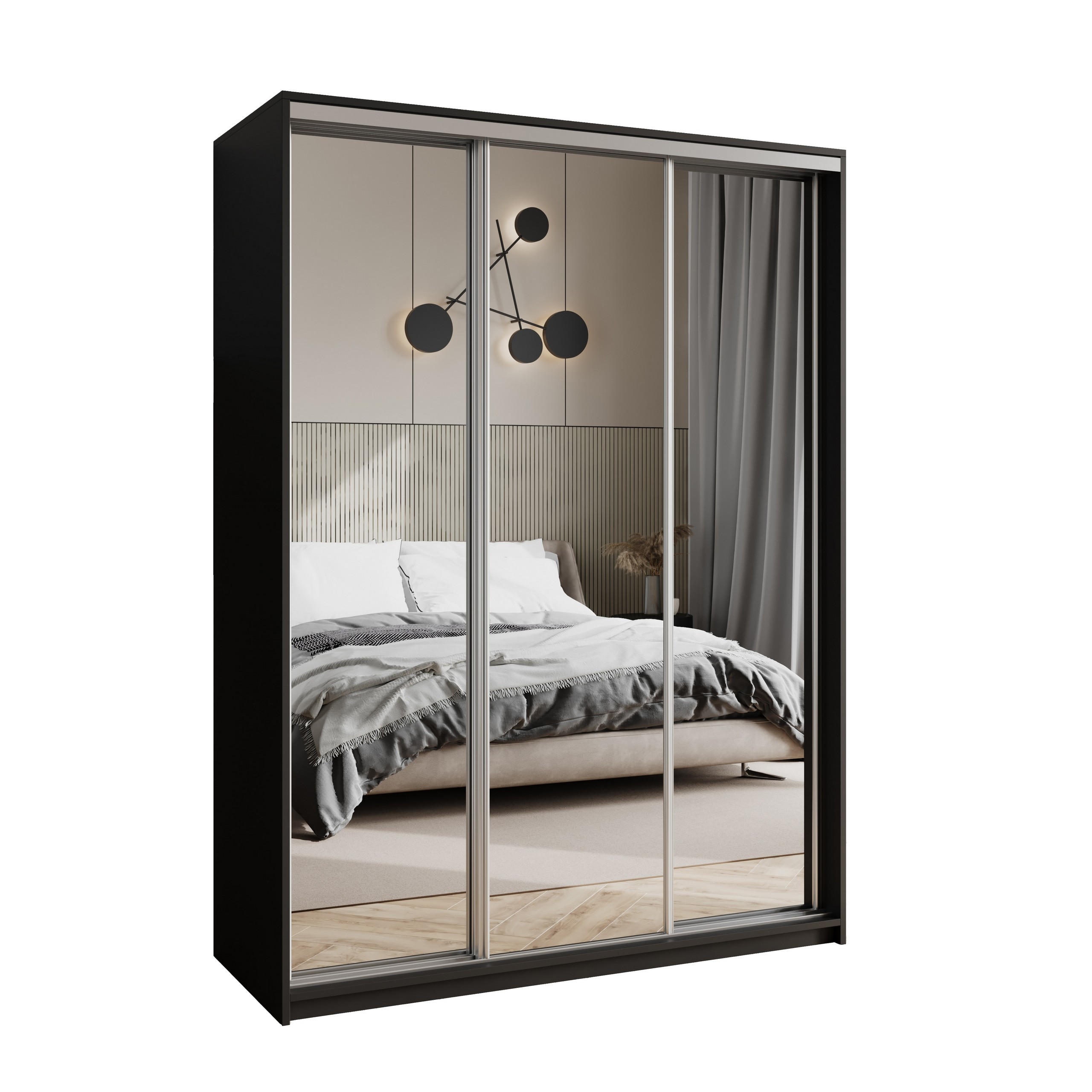 SCHWEBETÜRENSCHRANK RIEN 150/205/60 cm 3-türig mit Spiegel Schwarz - Schwarz, Holzwerkstoff (150/205/60cm) - MASSENO