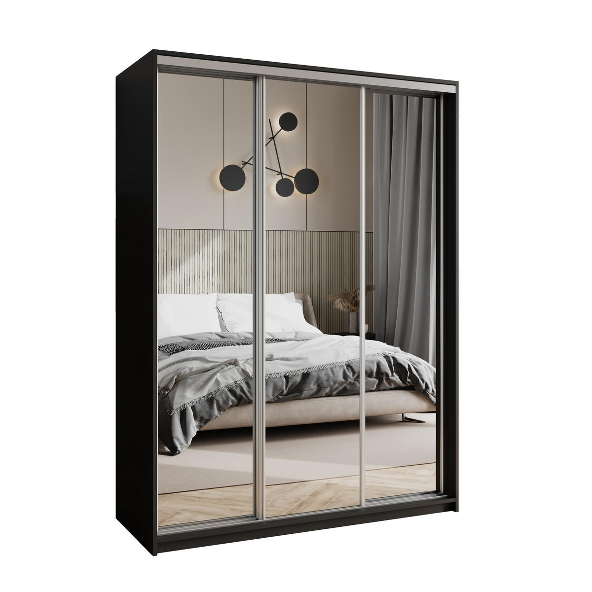 SCHWEBETÜRENSCHRANK RIEN 150/205/60 cm 3-türig mit Spiegel Schwarz - Schwarz, Holzwerkstoff (150/205/60cm) - MASSENO