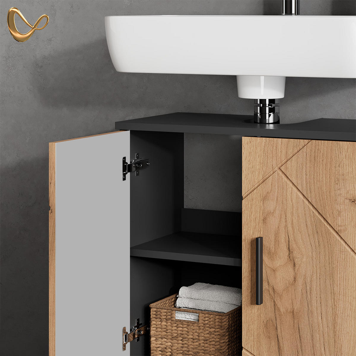 BADMÖBEL-SET Ronco Goldkraft Eiche/Anthrazit 2 Teile, Unterschrank 60 cm - Anthrazit/Eiche Wotan, Holzwerkstoff (60/59/30cm) - Livinity®
