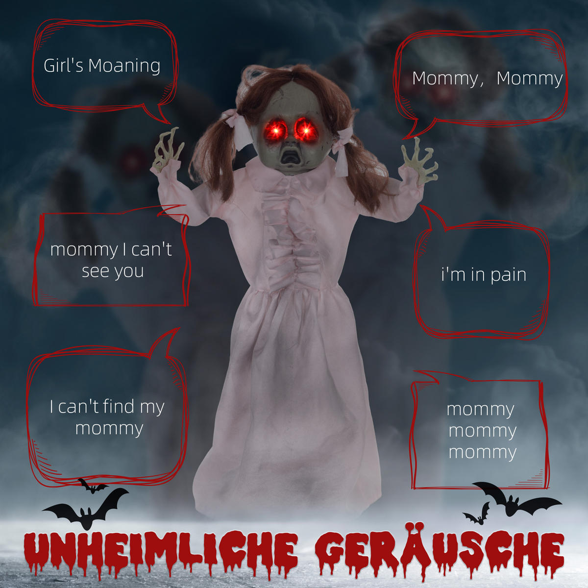 HALLOWEEN DECORATIONS 76cm Dekoration Geisterpuppe, Soundfunktion - Rosa, Kunststoff/Metall (50/76/15cm) - HOMCOM