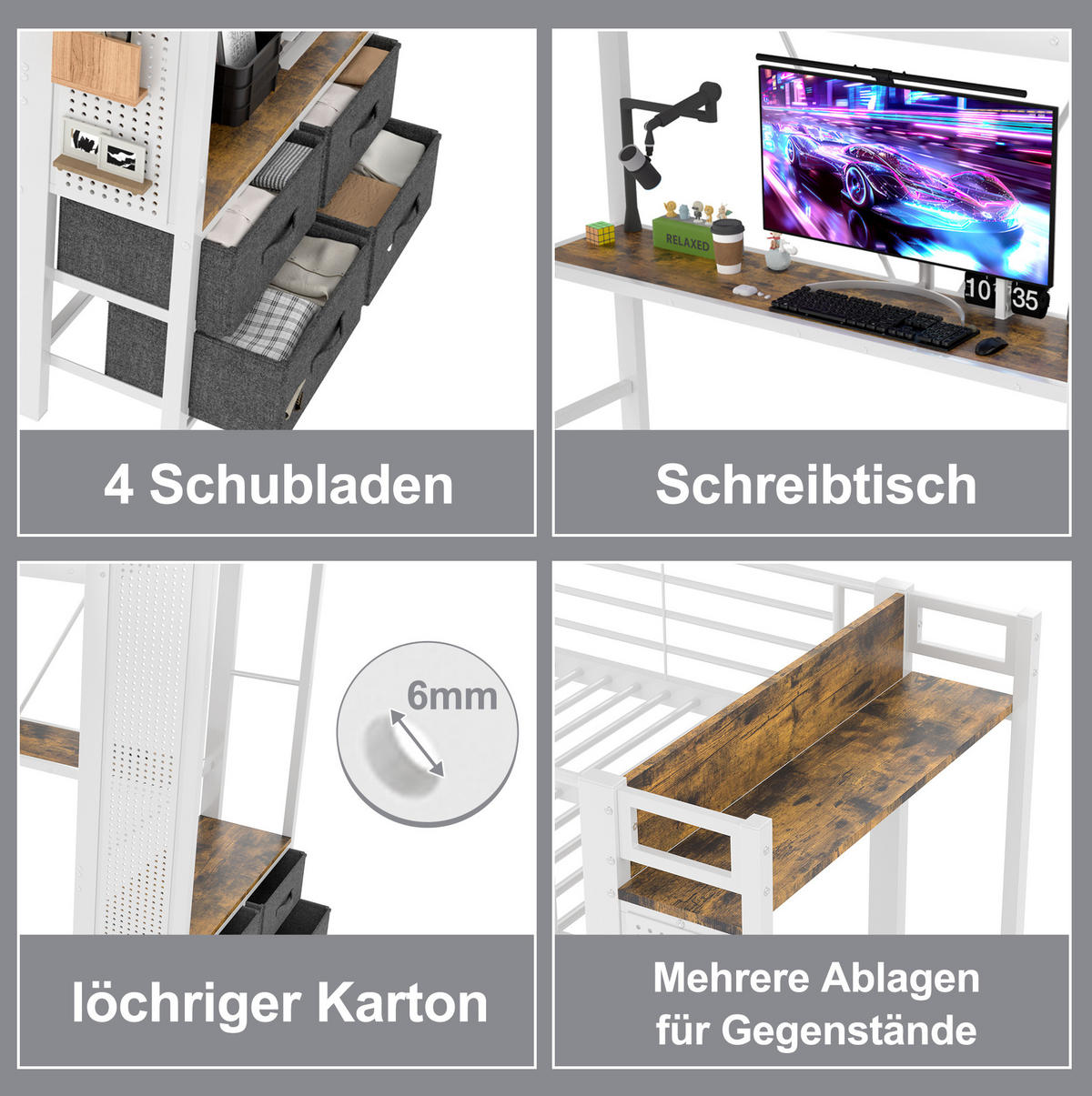 HOCHBETT 90/200 cm Weiß aus Metall mit Schreibtisch - Weiß, Metall (90/200cm) - OKMYHOME