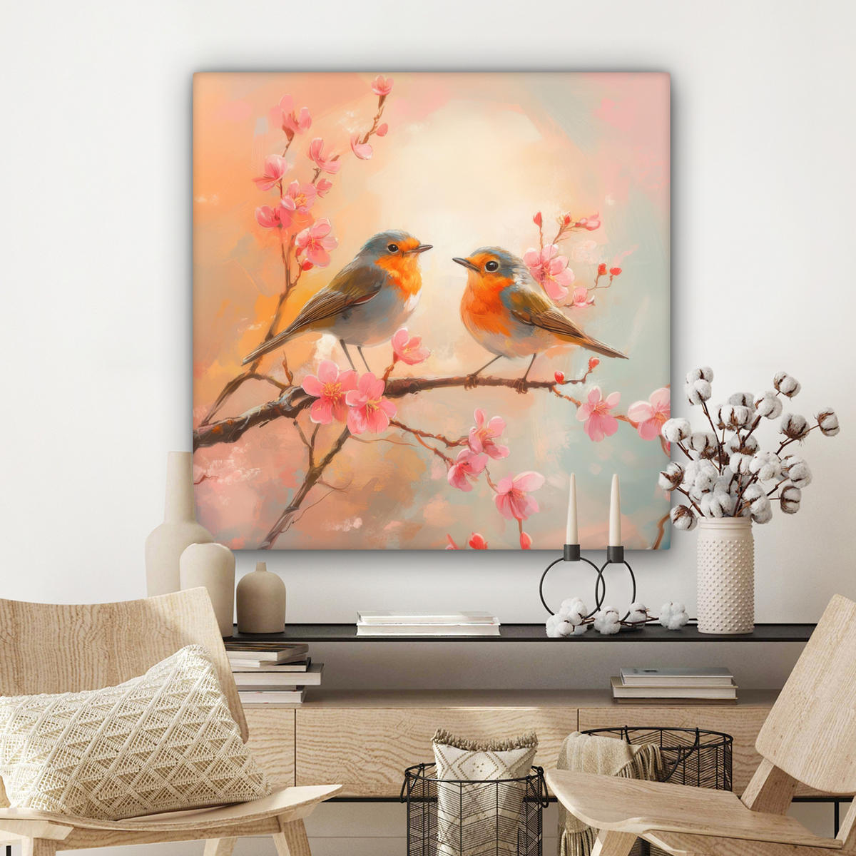 LEINWANDBILD Rotkehlchen - Zierpflanze - Blütenzweig 90x90 cm - Hellrosa, Textil (90/90cm) - MuchoWow