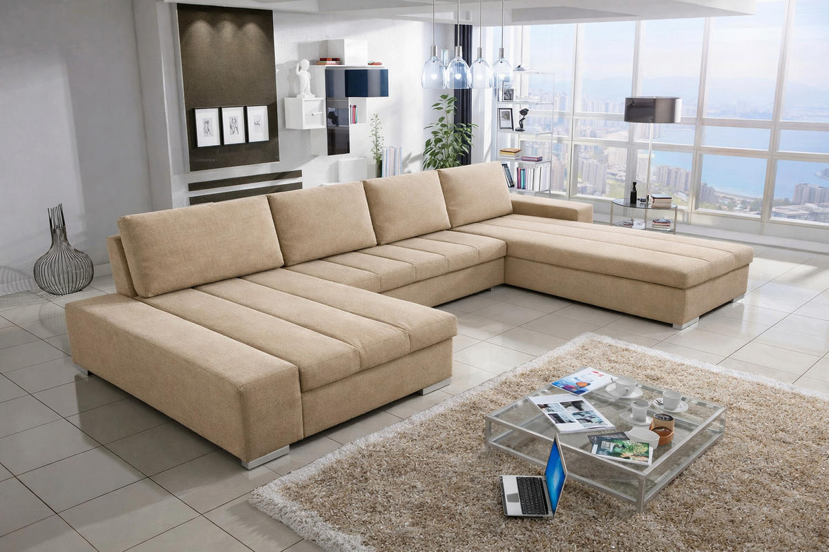 WOHNLANDSCHAFT VERONA U-Form mit Schlaffunktion, Bettkasten und Wellenfederung – Großzügiges Ecksofa 387 cm - Creme, Kunststoff (387/85/213cm) - Wohnideebilder