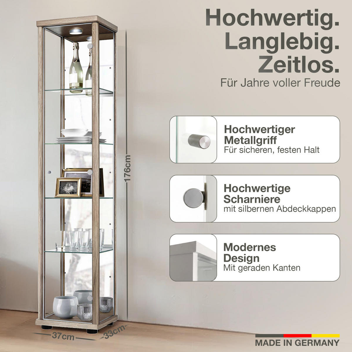 GLASVITRINE 33/37/176 cm mit Spiegel, LED & 4 höhenverstellbaren Glasböden - Transparent/Silberfarben, Glas/Holzwerkstoff (37/176/33cm) - K-Möbel