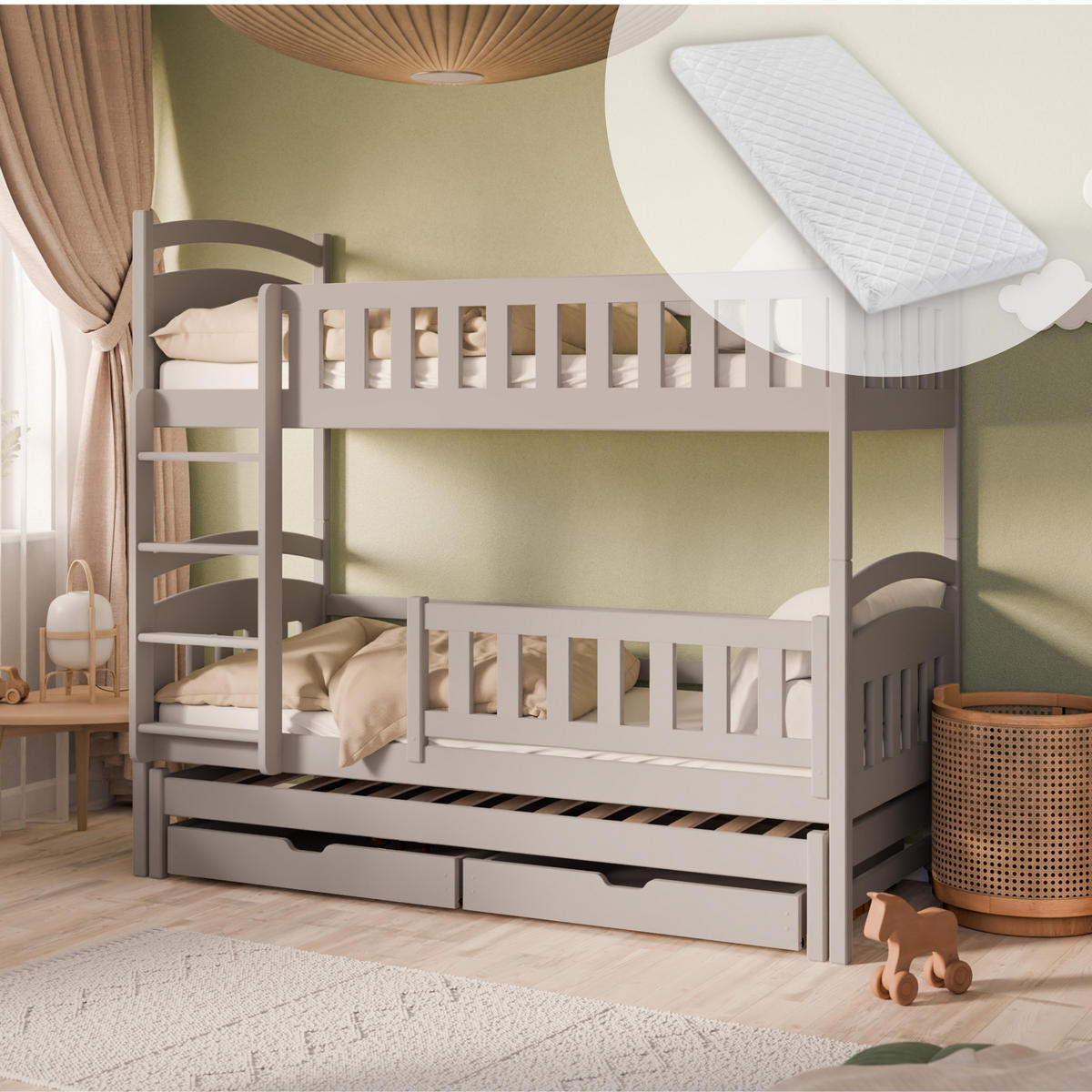 ETAGENBETT 90x200 cm mit Ausziehbett, zwei Schubladen & drei Matratzen in Kaschmir - Kaschmir, Holzwerkstoff (90/200cm) - Kids Collective