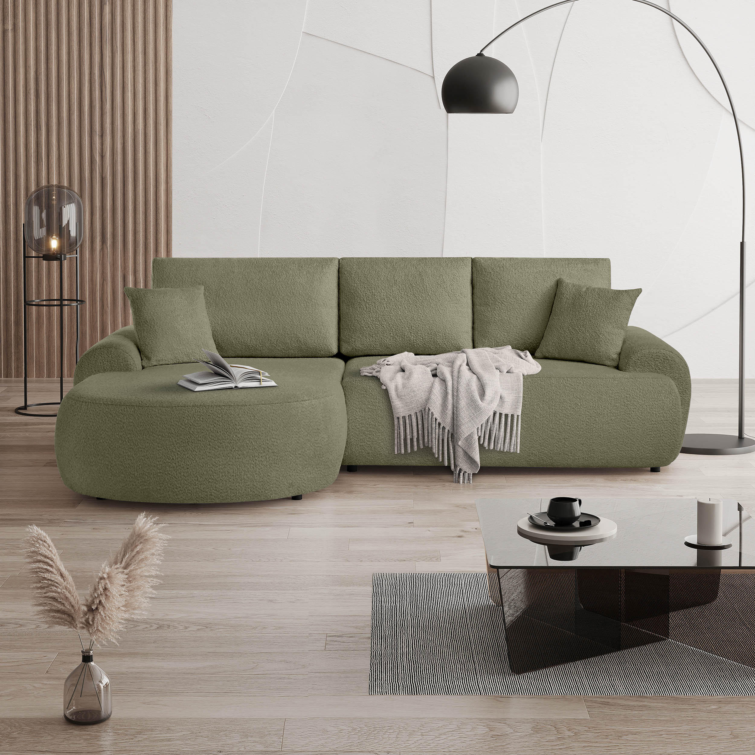 ECKSOFA Teddy L Hellgrün, Bouclé-Stoff, links - Schwarz/Hellgrün, Textil (270/170cm) - Beautysofa
