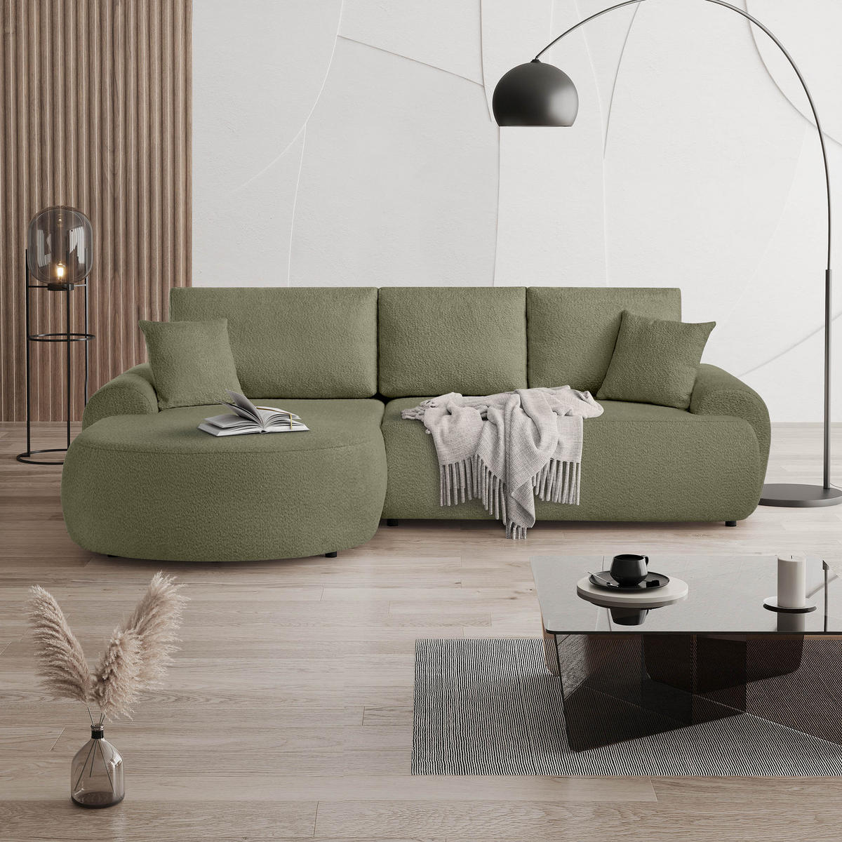 ECKSOFA Teddy L Hellgrün, Bouclé-Stoff, links - Schwarz/Hellgrün, Textil (270/170cm) - Beautysofa