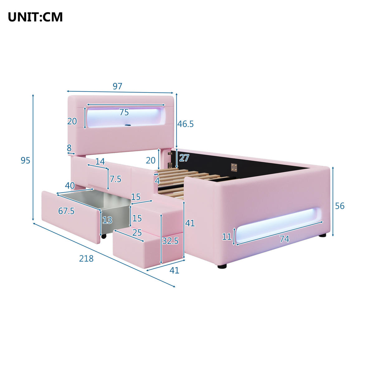 POLSTERBETT 90/200 cm rosa aus MDF/PU mit LED und Schublade - Rosa, Holzwerkstoff (90/200cm) - OKWISH