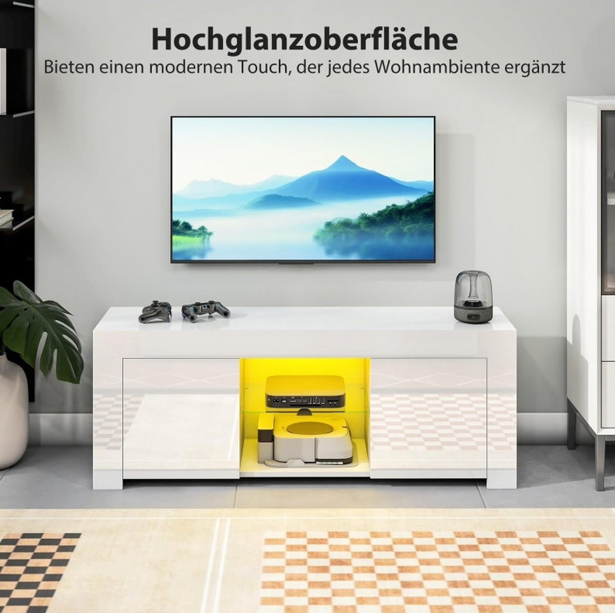 LOWBOARD 120/34/45 cm Weiß aus Glas mit LED-Beleuchtung - Weiß, Glas (34/45/120cm) - OKMYHOME