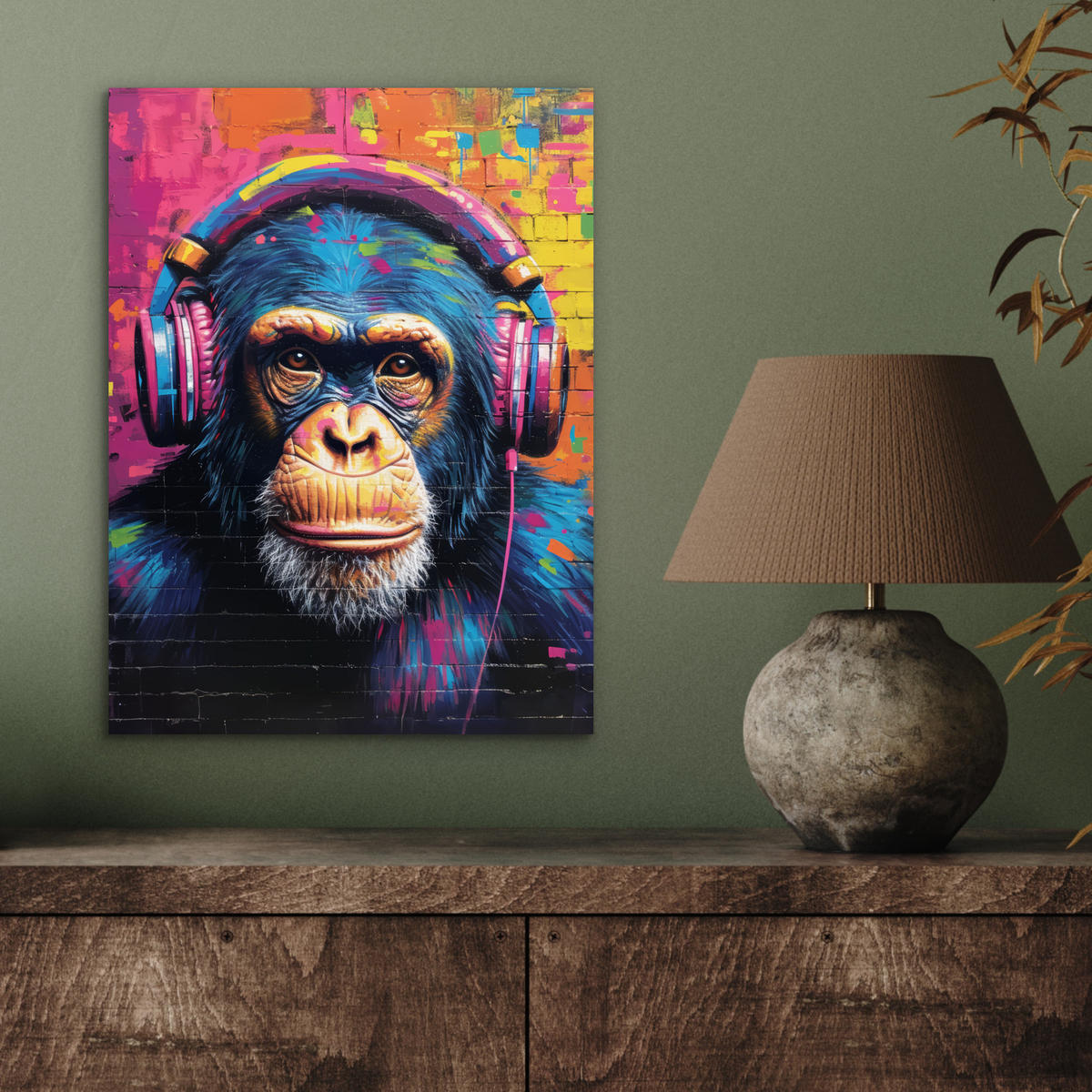KOVOVÝ OBRAZ Graffiti - Šimpanz - Street art - Slúchadlá - Opica 30x40 cm - modrá, kov (30/40cm) - MuchoWow