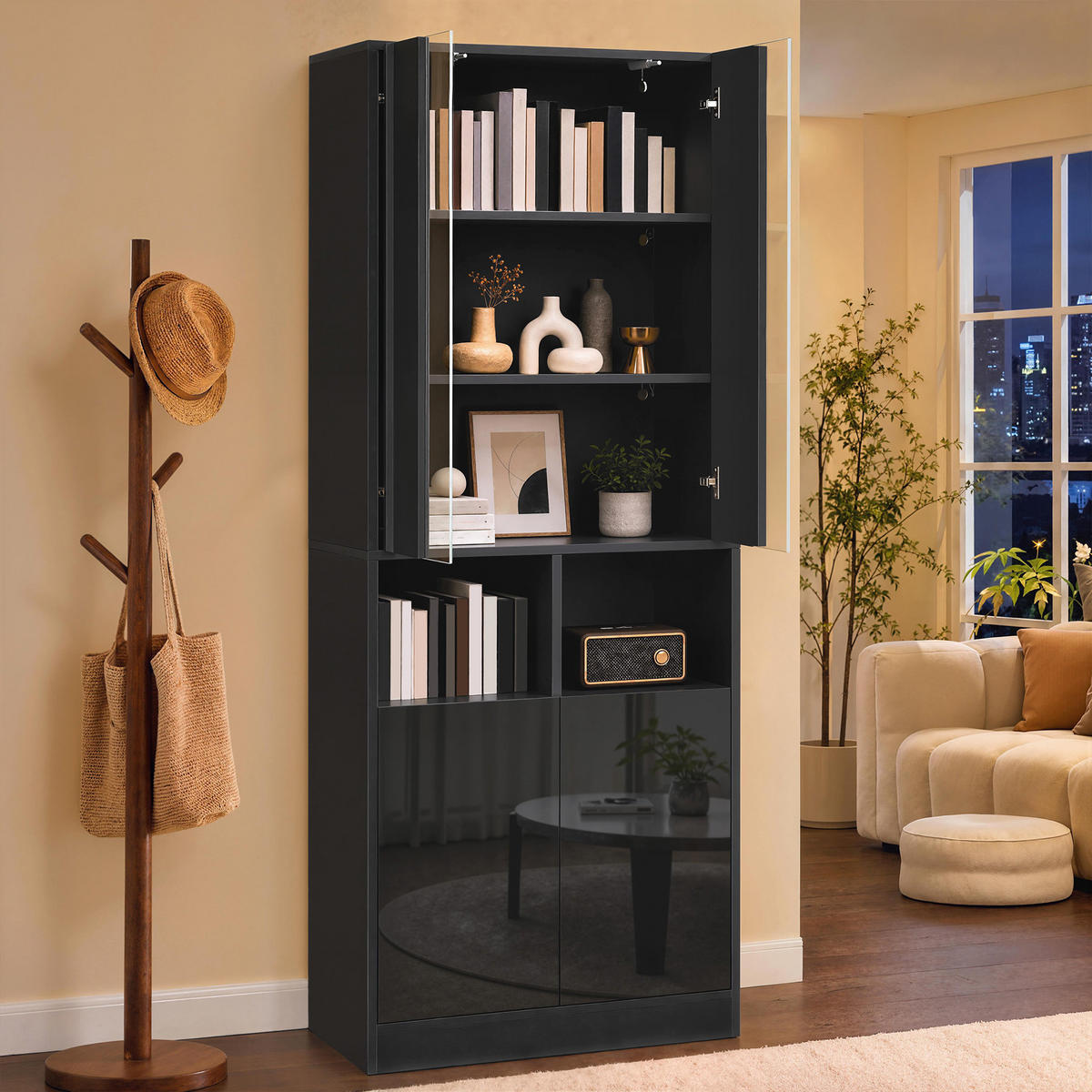 HOCHSCHRANK mit Acrylglas, LED und 2 Türen - Schwarz, Holzwerkstoff (70/180/35cm) - FLIEKS