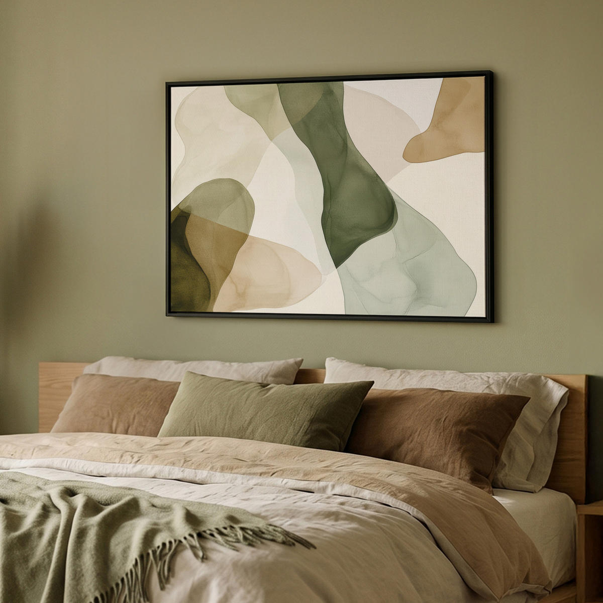 LEINWAND Bilder mit Rahmen - Japandi - Abstrakt - Grün - 100x70 - Salbeigrün, Textil (100/70cm) - MuchoWow