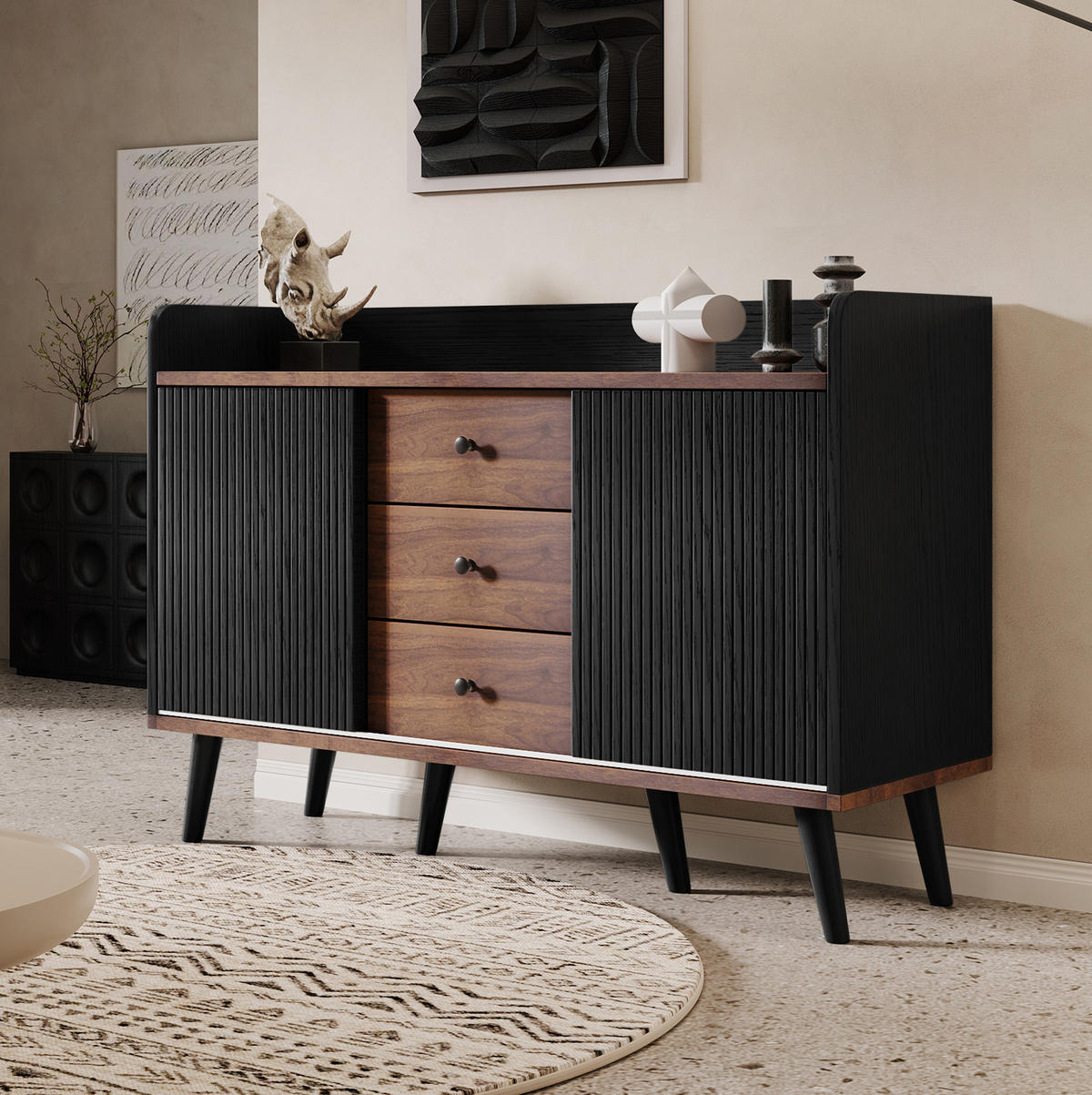 SIDEBOARD mit 3 Schubladen 117,5 x 40 x 80 cm Schwarz Holzoptik - Schwarz, Holzwerkstoff (117.5/80/39.5cm) - Meubliv