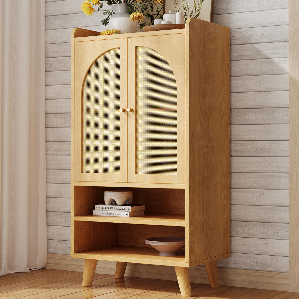 HIGHBOARD 60/40/121 cm mit Rattantüren, offenen Fächern und Kippsicherung, Natur - Naturfarben, Holzwerkstoff (60/121/40cm) - Redom
