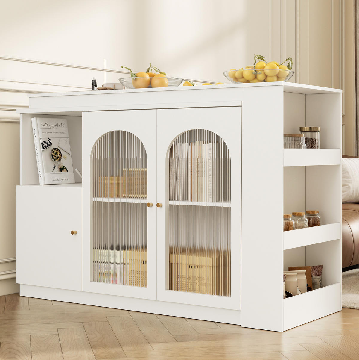BAROVÁ skříň 120/40/97 cm bílá z MDF s otočným 360° designem a skleněnými dvířky - bílá, kompozitní dřevo (120/40/103cm) - OKWISH