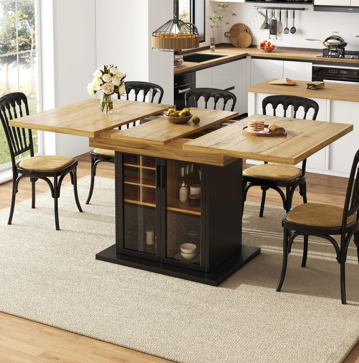 ESSTISCH 110-140x80x76 cm aus MDF mit Weinregal und Glastür ausziehbar - Naturfarben, Holzwerkstoff (80/140/76cm) - Modfu