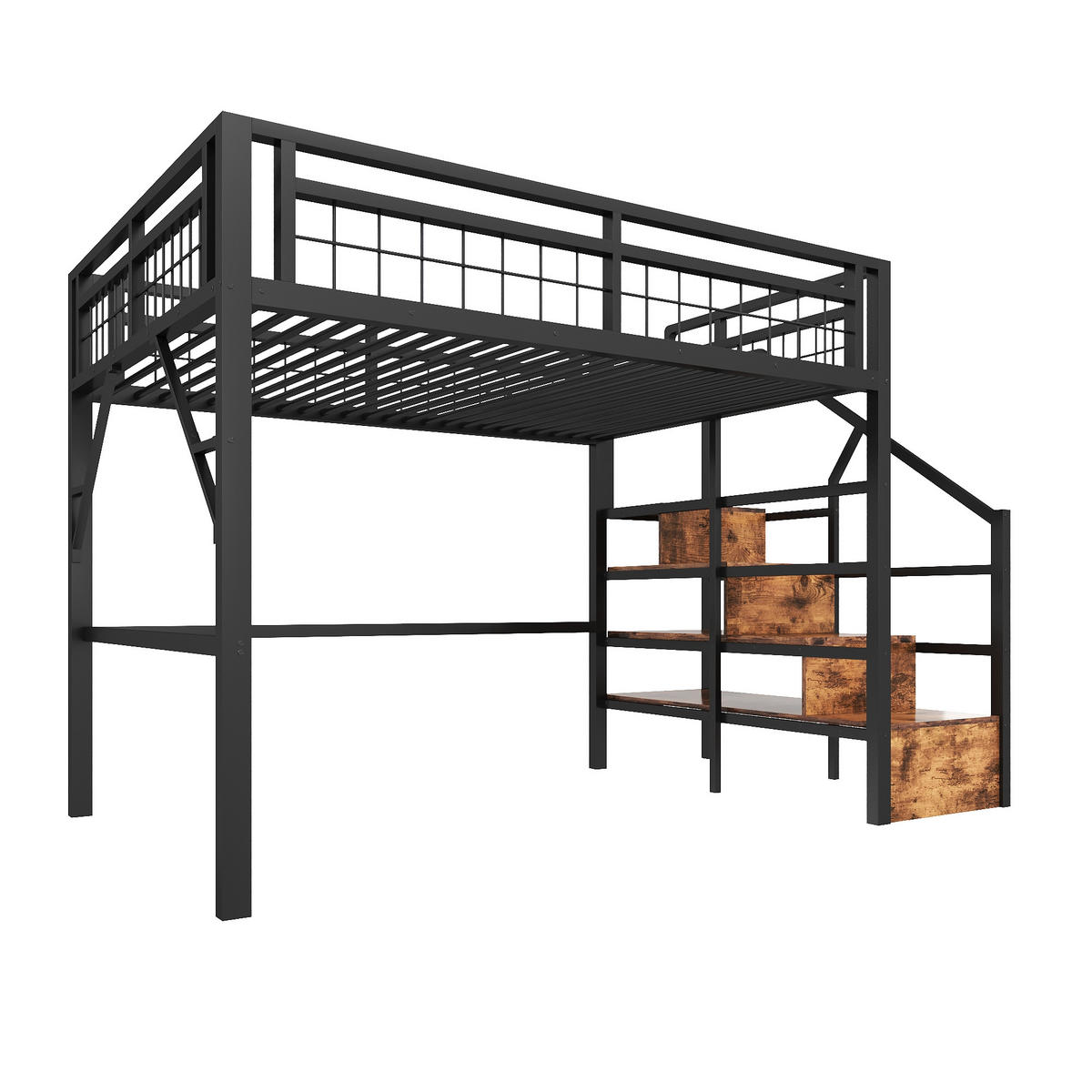 HOCHBETT mit LED und Stauraumtreppe 140x200 cm Metall Schwarz - Schwarz, Metall (140/200cm) - Meubliv