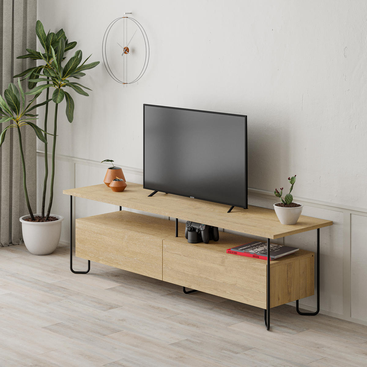 TV-LOWBOARD Cornea Eiche 150/42/45 cm - Eichefarben/Schwarz, Holzwerkstoff/Metall (150/45/42cm) - Decortie