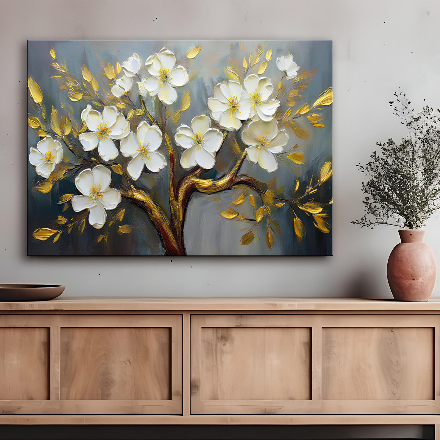 WANDBILD weiße blumen pflanzen baum - Weiß, Textil (60/40cm) - Feeby