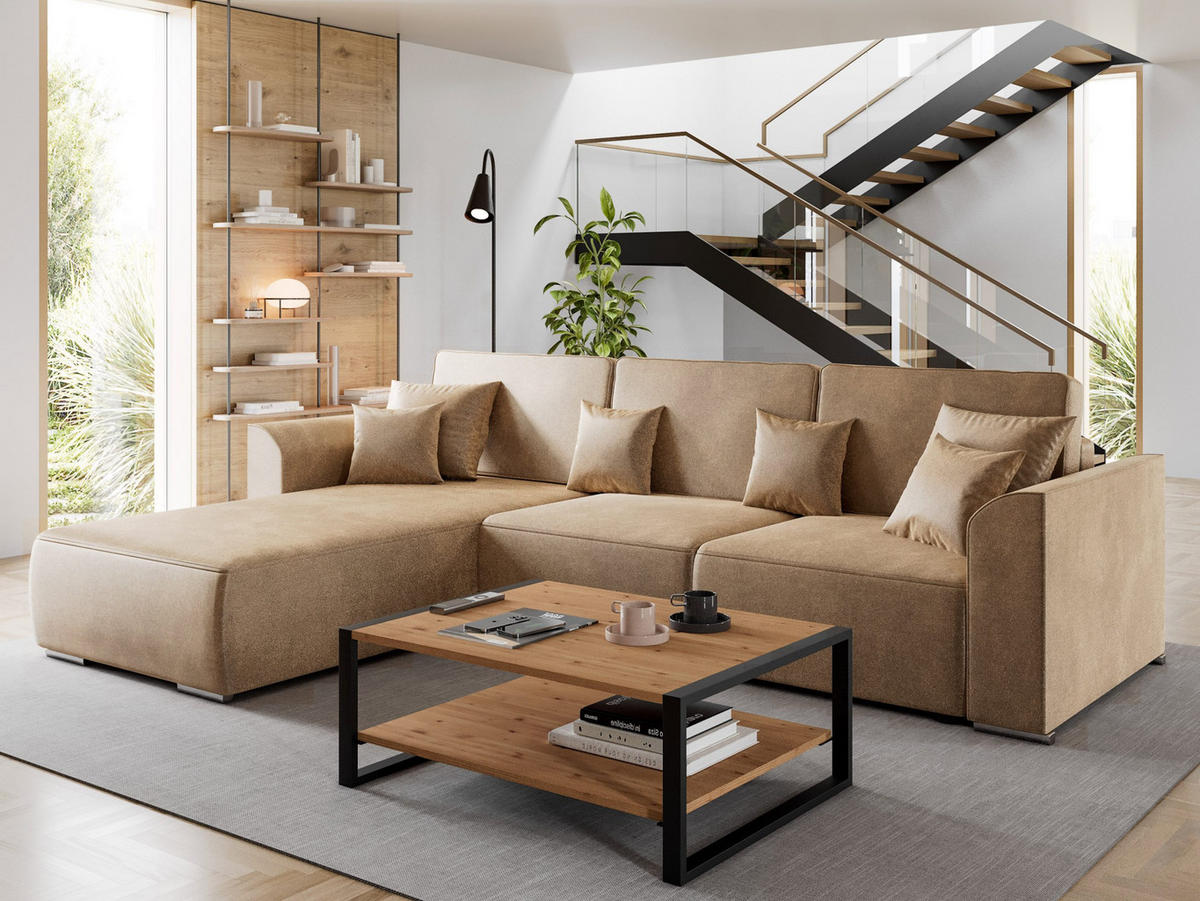 ECKSOFA LUMO L Links Hellgrau Velours-Stoff mit Schlaffunktion und Bettkasten - Hellgrau, Textil (293/195cm) - Barchello