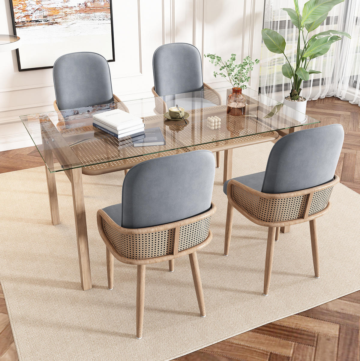 ESSZIMMERSTUHL 6er-Set Samt mit Rattan-Design Grau - Grau, Holz (43/90/41cm) - Meubliv
