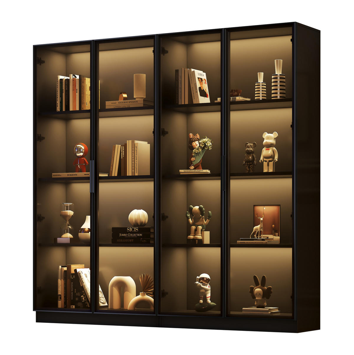 VITRINENSCHRANK mit LED-Beleuchtung 4-türig Schwarz mit Glastüren - Schwarz, Holzwerkstoff (40/160/160cm) - Beauniv