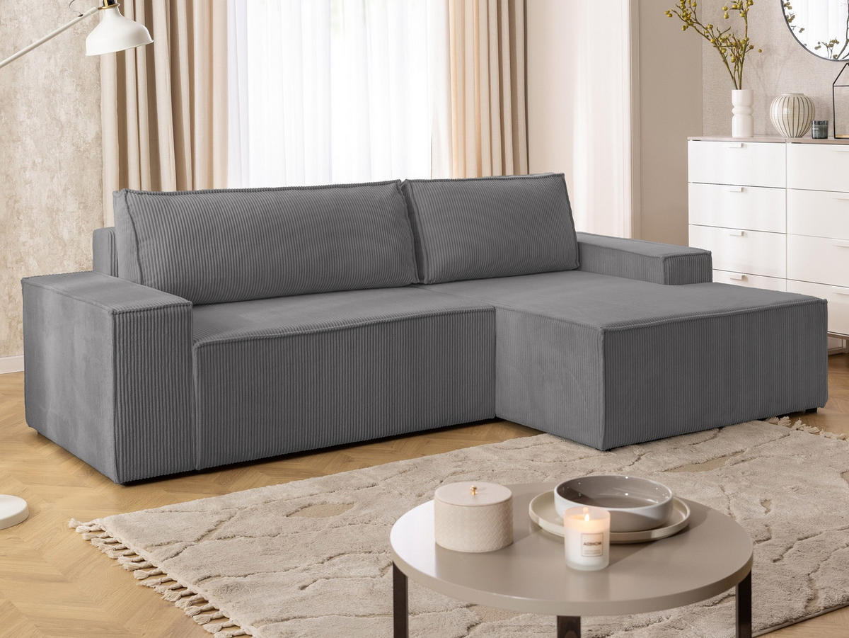 ECKSOFA Rivio mit Schlaffunktion und Bettkasten, Cordstoff Grau - Schwarz/Grau, Holz/Kunststoff (262/149cm) - S-Style