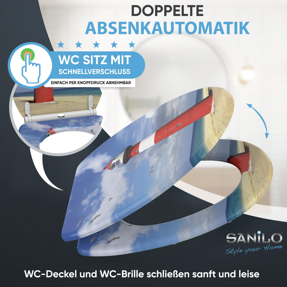 WC-SITZ mit Absenkautomatik & Top Fix Leuchtturm - Rot, Holzwerkstoff (37.7/5.5/48cm) - Sanilo