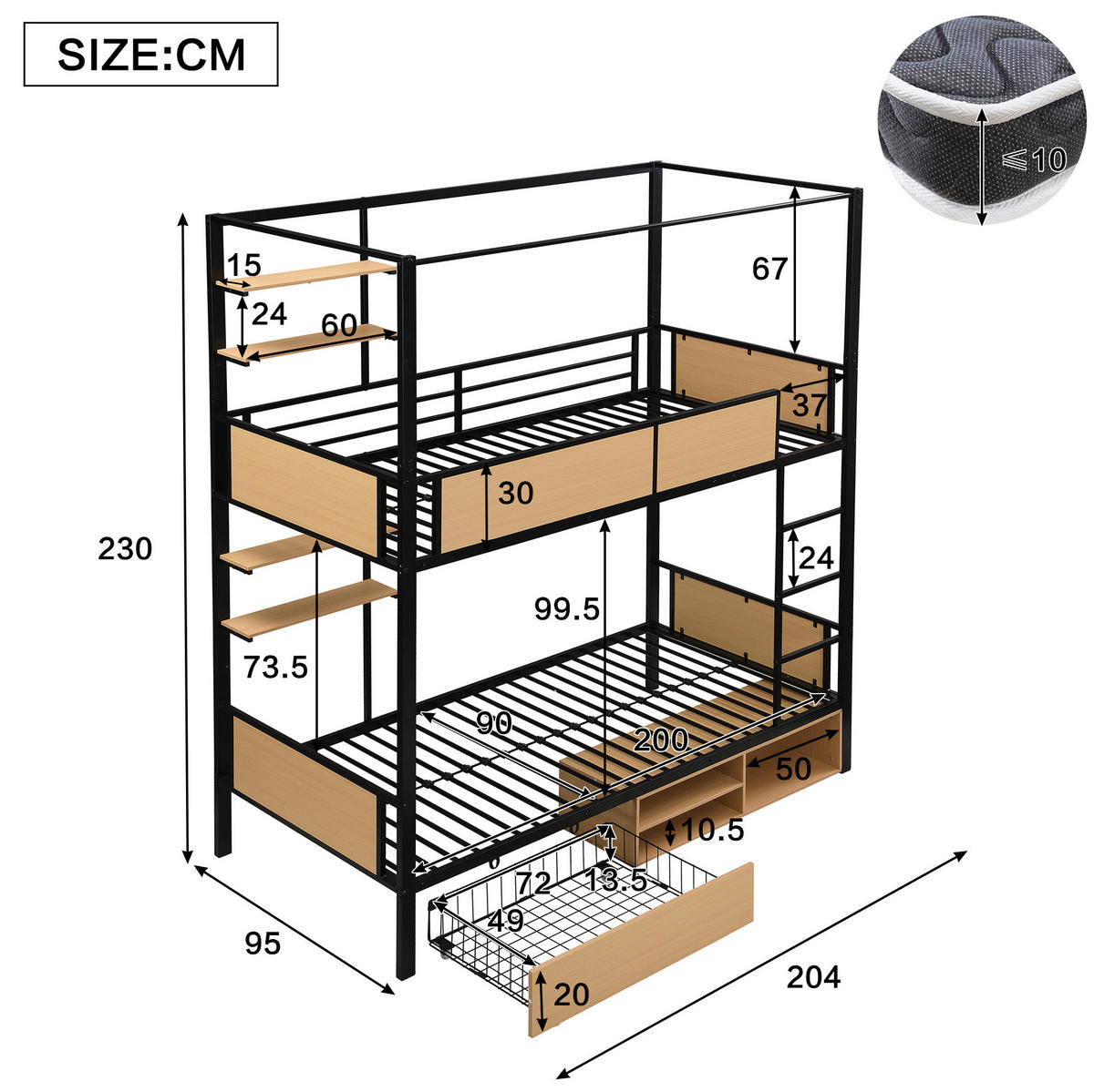 ETAGENBETT 90/200 cm Schwarz/Natur mit Stauraum und Ablageboard - Schwarz, Holzwerkstoff (90/200cm) - OKMYHOME