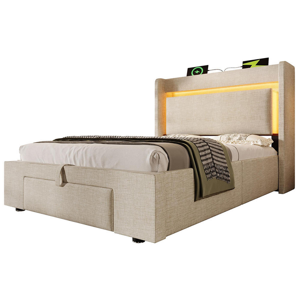 POLSTERBETT 90x200 cm Mit Matratze,Leinen in Beige - Beige, Textil (90/200cm)