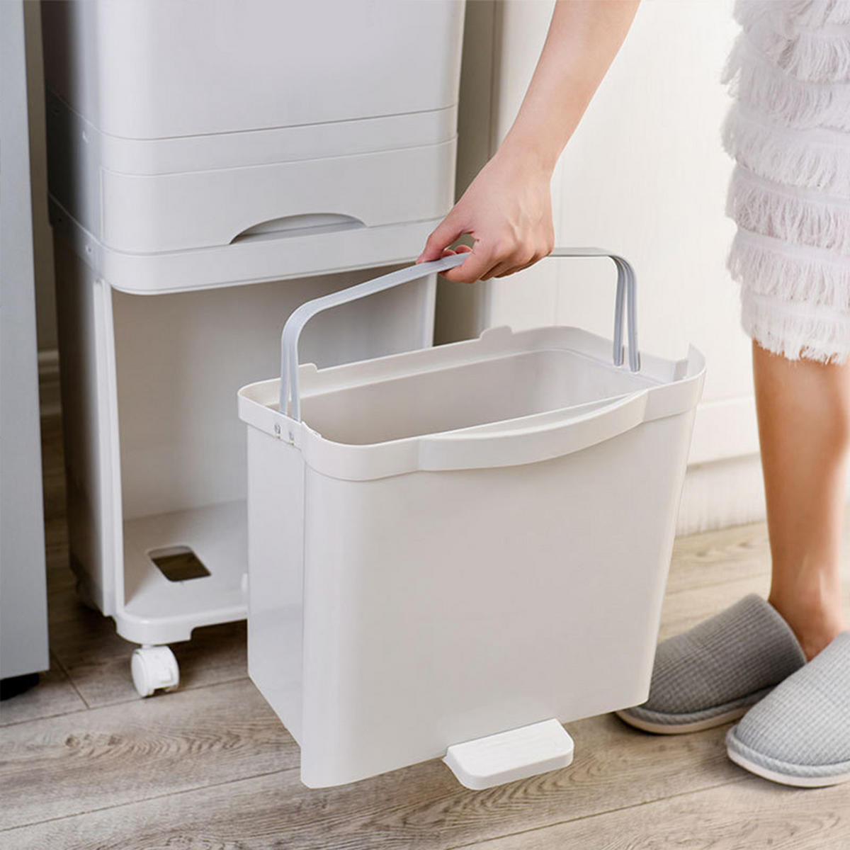 MÜLLEIMER 38L Mülltrennung 2-Stufig mit Rollen aus Kunststoff in Weiß Benutzerfreundliche Handhabung 42 cm (B) × 28,2 cm (T) × 73 cm - Weiß, Kunststoff (42/73/28.2cm) - Livingandhome