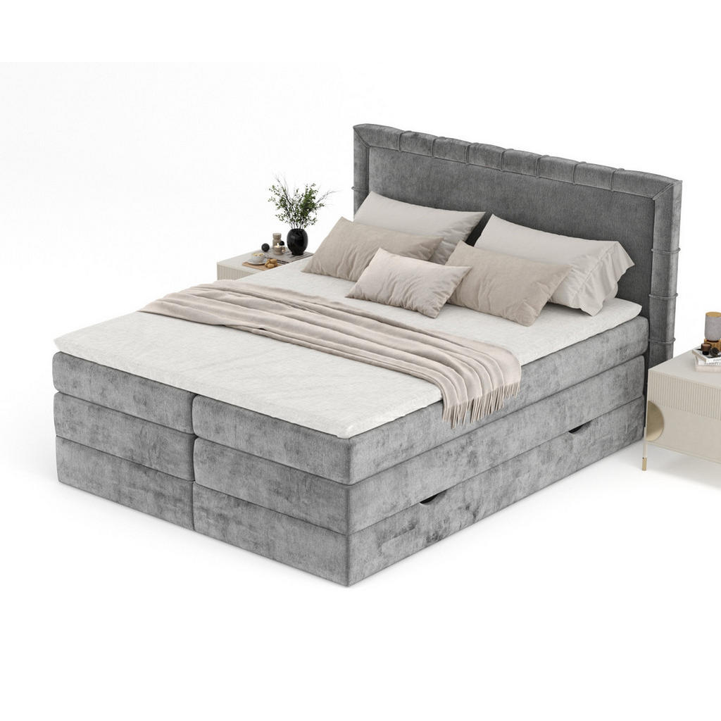 Thumbnail - Maison de Reve Boxspringbett, Grau, Textil, Buche, Kiefer, H3, Höhe ca. 37 cm, 160x200 cm, Oeko-Tex® Standard 100, FSC 1...