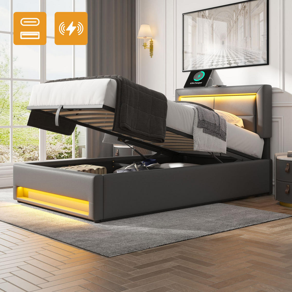 POLSTERBETT PU-Leder 90x200cm LED USB Stauraum - Schwarz, Textil - Raelunyi