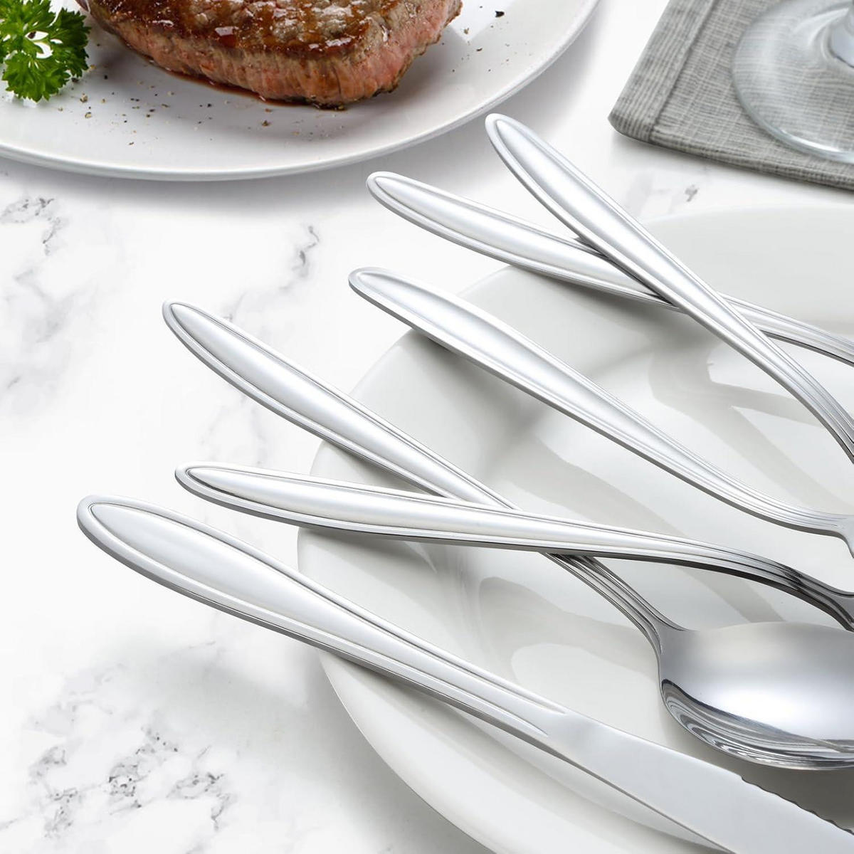 BESTECKSET 24-teilig Edelstahl 6 Personen Liniengriff Spülmaschinenfest - Silberfarben, Metall