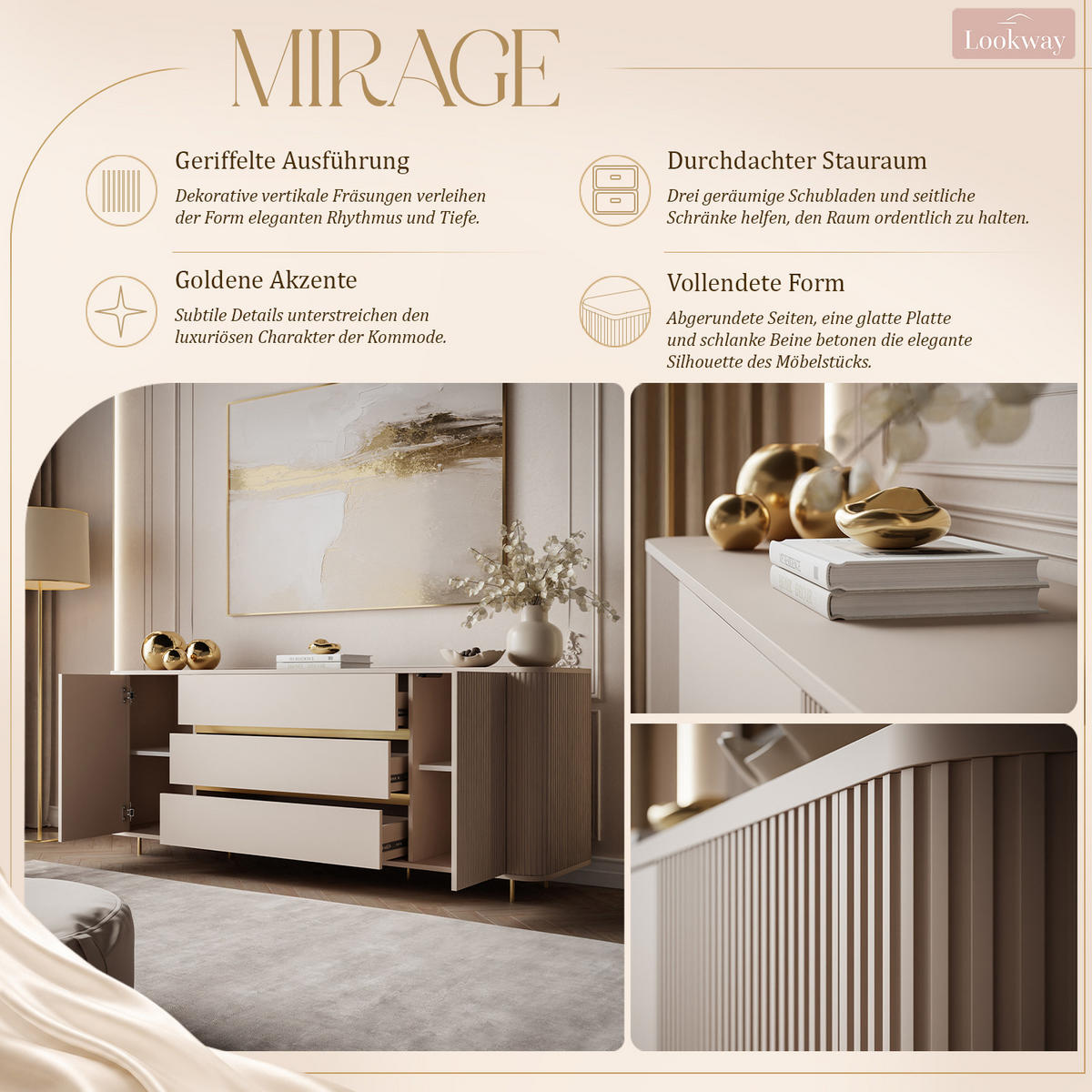 KOMMODE MIRAGE GOLD 2D3S mit geriffelten Seiten und goldenen Details - Beige, Holzwerkstoff (180/73/40cm) - Lookway