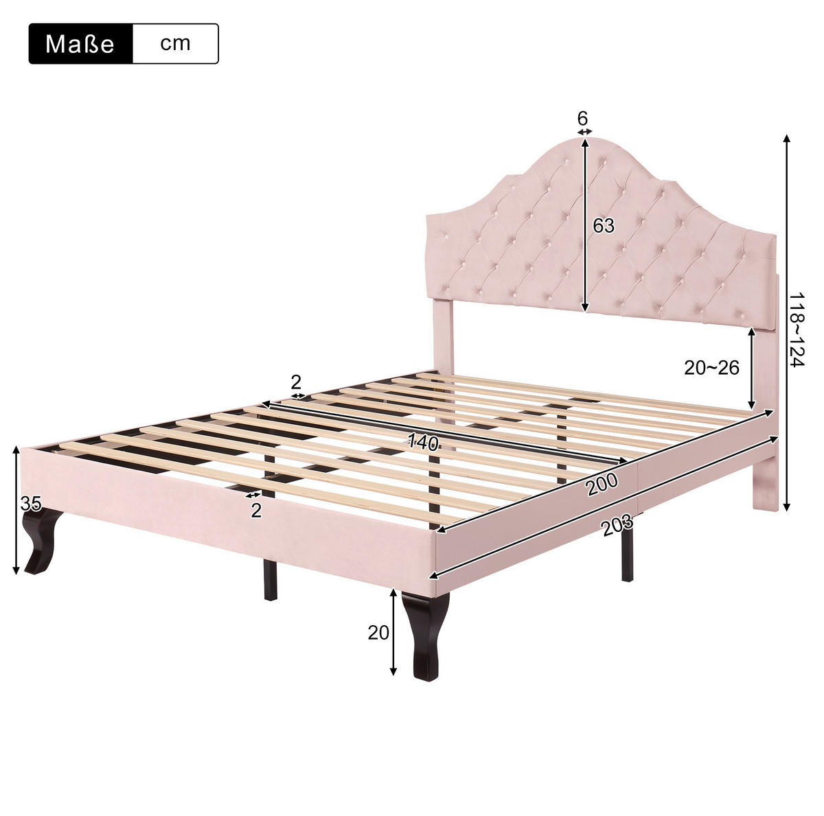 BETT mit verstellbarem Kopfteil und Lattenrost 140x200 cm Samt Rosa - Pink, Metall (140/200cm) - Beauniv