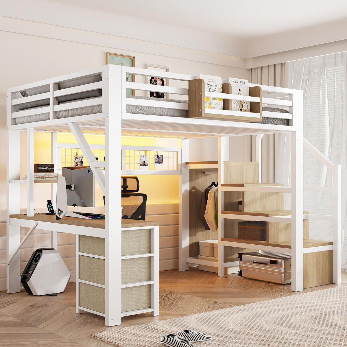 HOCHBETT 140/200 cm in Weiß mit Schreibtisch, 3 Schubladen, Stauraum und Kleiderschrank aus MDF und Metall - Weiß, Holzwerkstoff/Metall (140/200cm) - STILVORA