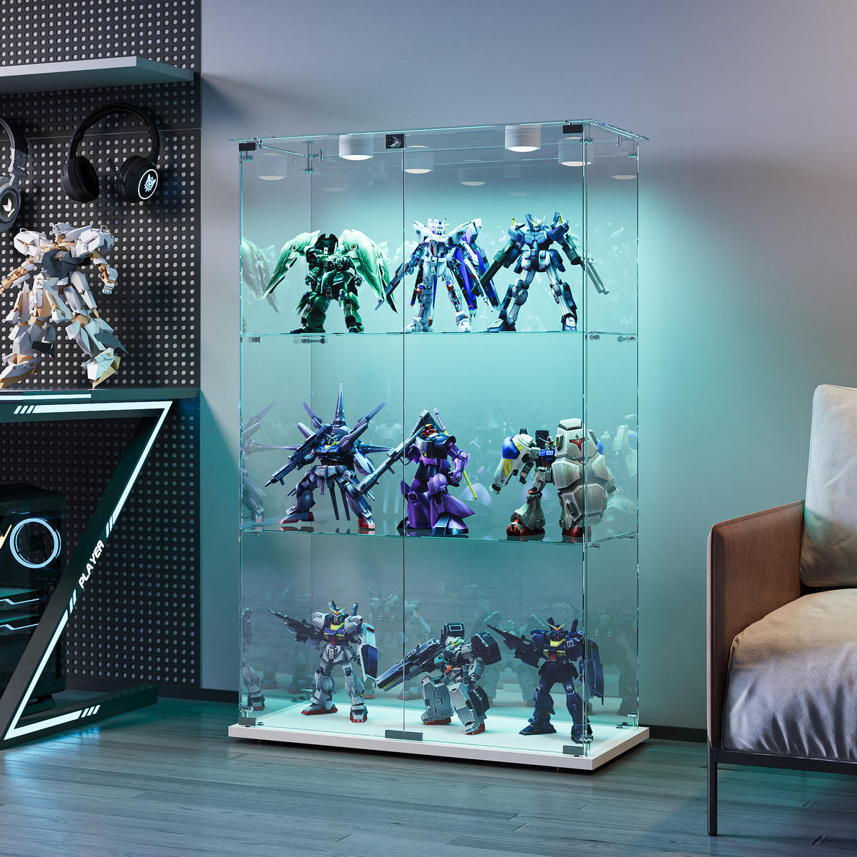 LED-VITRINE, 3-stufig mit Doppeltüren, Weißrahmen - Weiß, Glas (78.5/123.3/35cm) - Joyfair