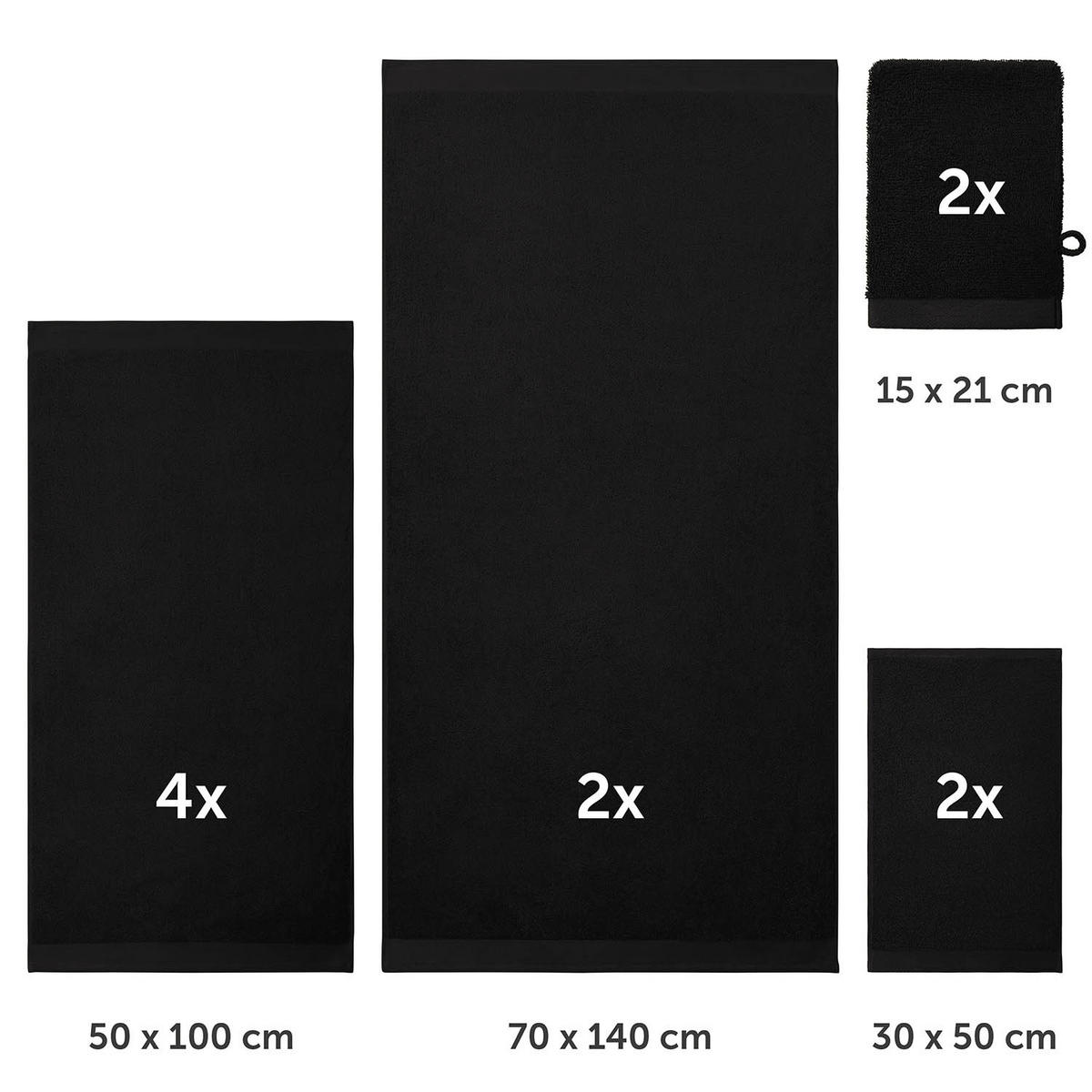 HANDTUCH 8-teilig, 2x Badetuch 70/140 + 4x Handtuch 50/100 + 2x Gästetuch 30/30 + 2x Waschlappen 15/20 cm, Schwarz - Schwarz, Textil (70/140cm) - Blumtal