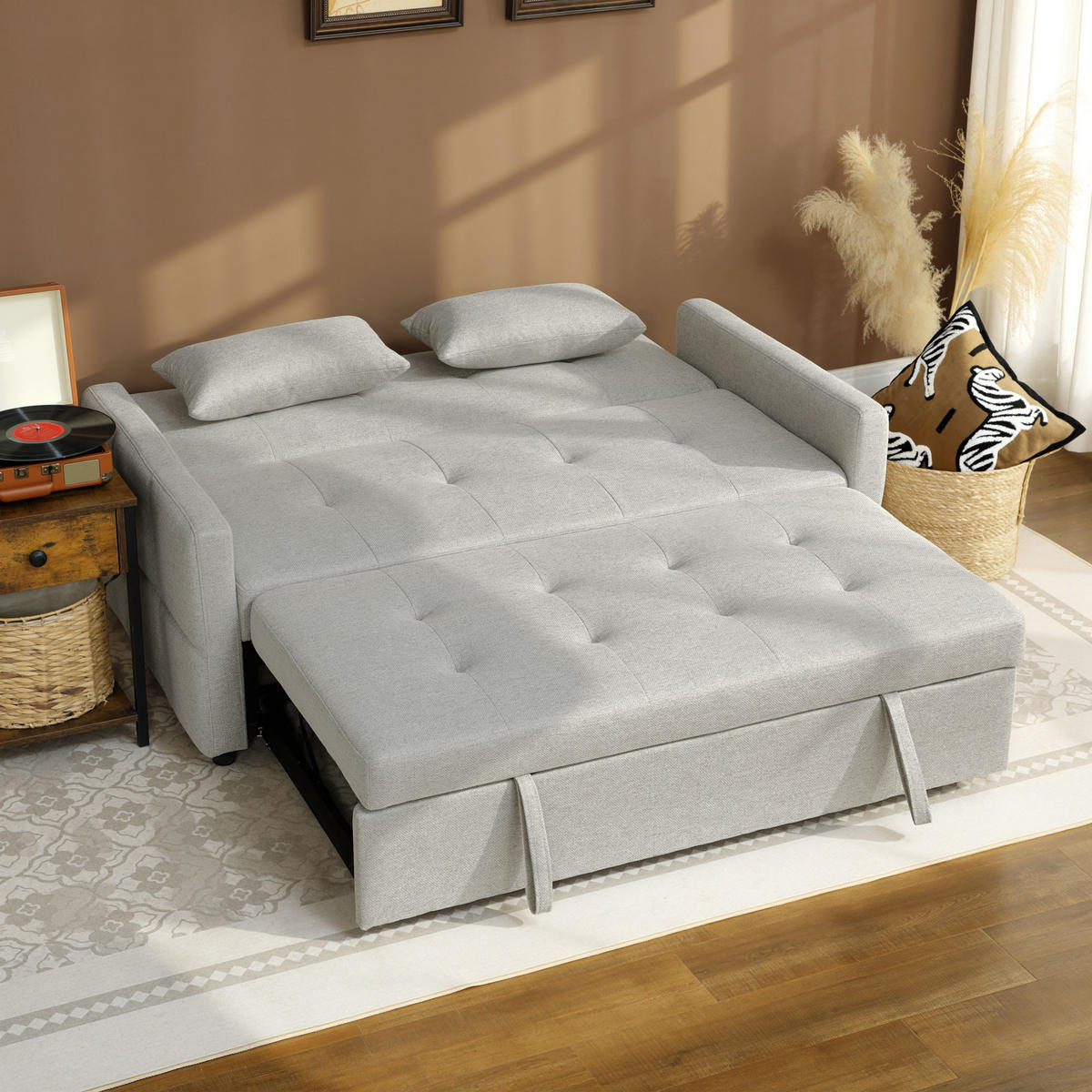 SCHLAFSOFA 2-Sitzer DE-14651 3-in-1 mit 3-fach verstellbarer Lehne Hellbraun - Braun, Textil (158/85/85cm) - ComfortXL
