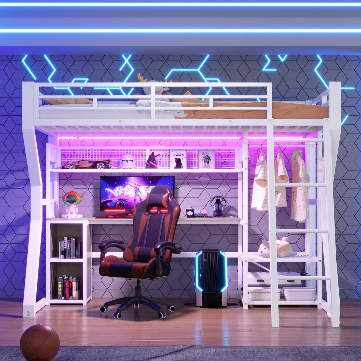 VYSOKÁ posteľ 90/200 cm biela z MDF a kovu s LED osvetlením zásuvkou stolom a úložným priestorom - biela, kompozitné drevo (90/200cm) - OKWISH