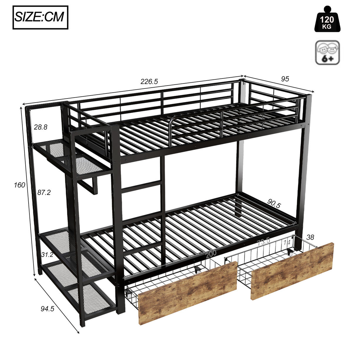 ETAGENBETT 90/200 cm aus Metall und MDF mit LED-Lichtleiste und Schubladen Schwarz - Schwarz, Metall (90/200cm) - Modenvie